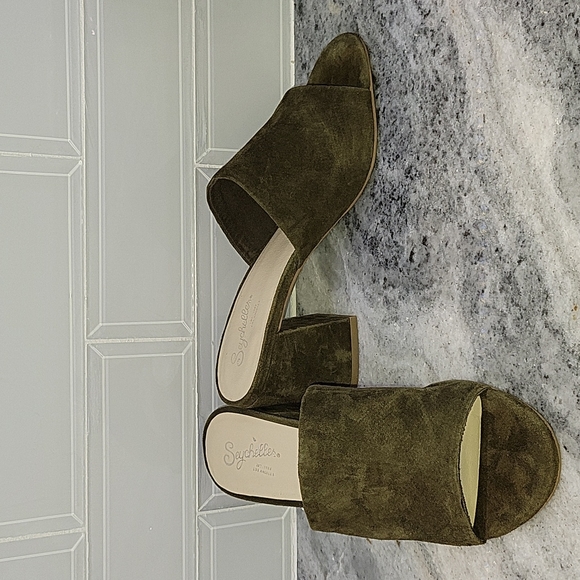 Olive 90s y2k green suede leather mules chunky heel 7 - Picture 1 of 16